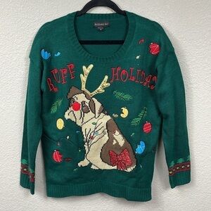 Blizzard Bay Green Knit Ugly Christmas Sweater Light Up Pug Dog Ruff Holiday M